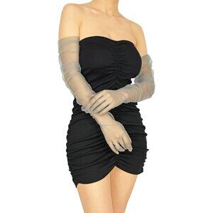 Women's Gray Sheer Tulle Long Mesh Pleated Sleeve Gloves Party Accessories